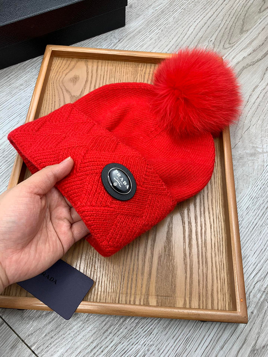 PRADA BEANIE HAT IN CHERRY RED WOOL AND RABBIT FUR 346718