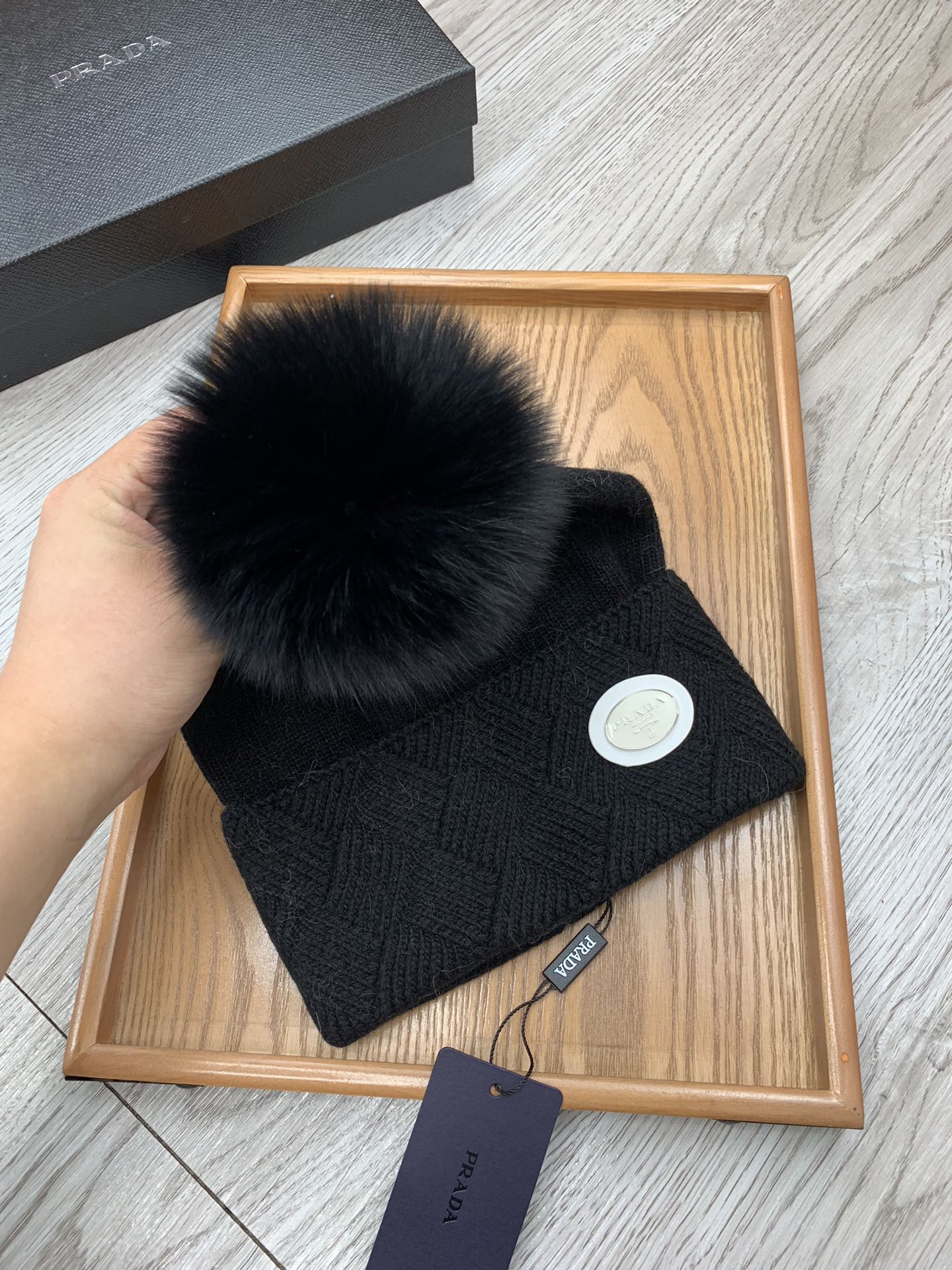 PRADA BEANIE HAT IN BLACK WOOL AND RABBIT FUR 346717
