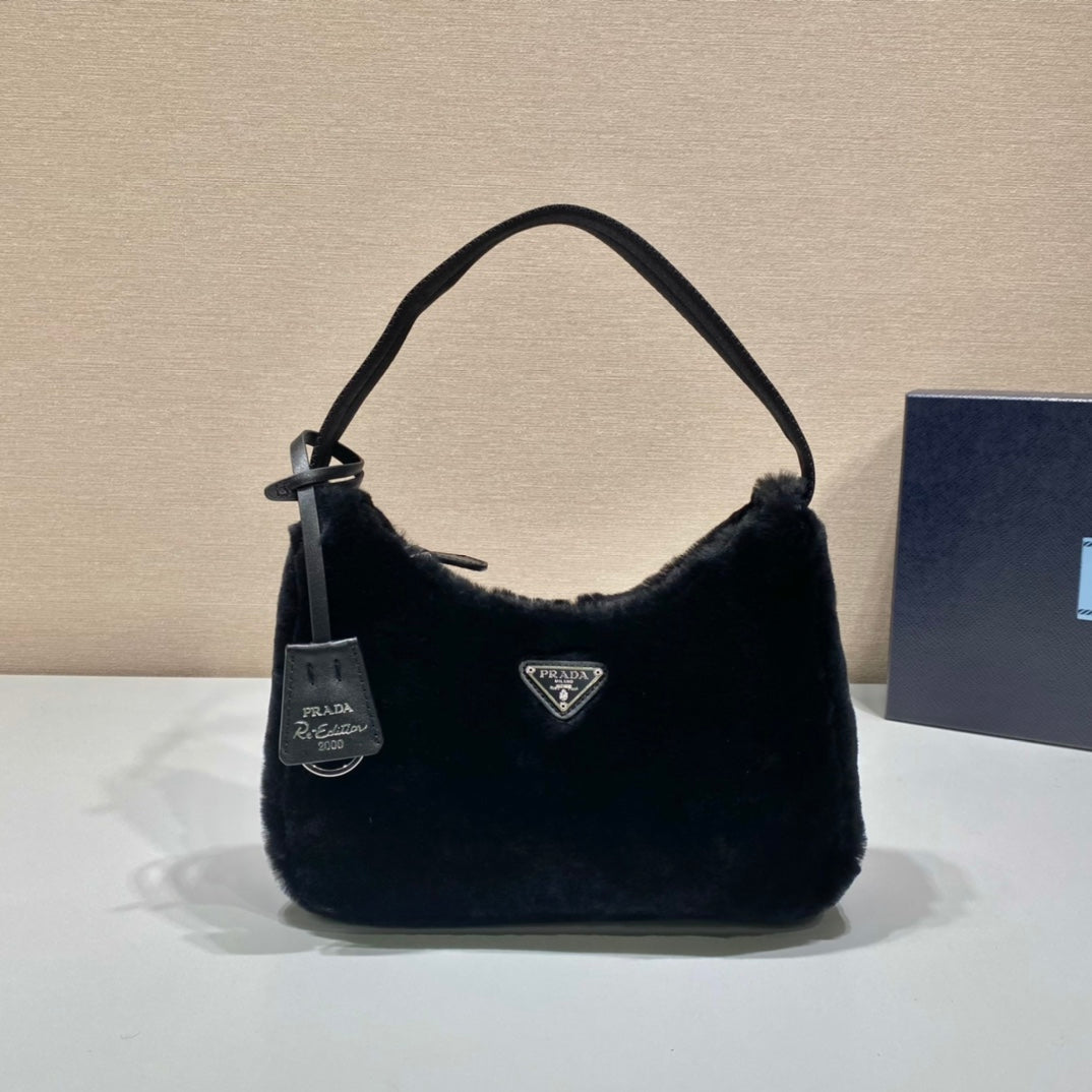 PRADA HOBO BAG 23 IN BLACK RABBIT FUR