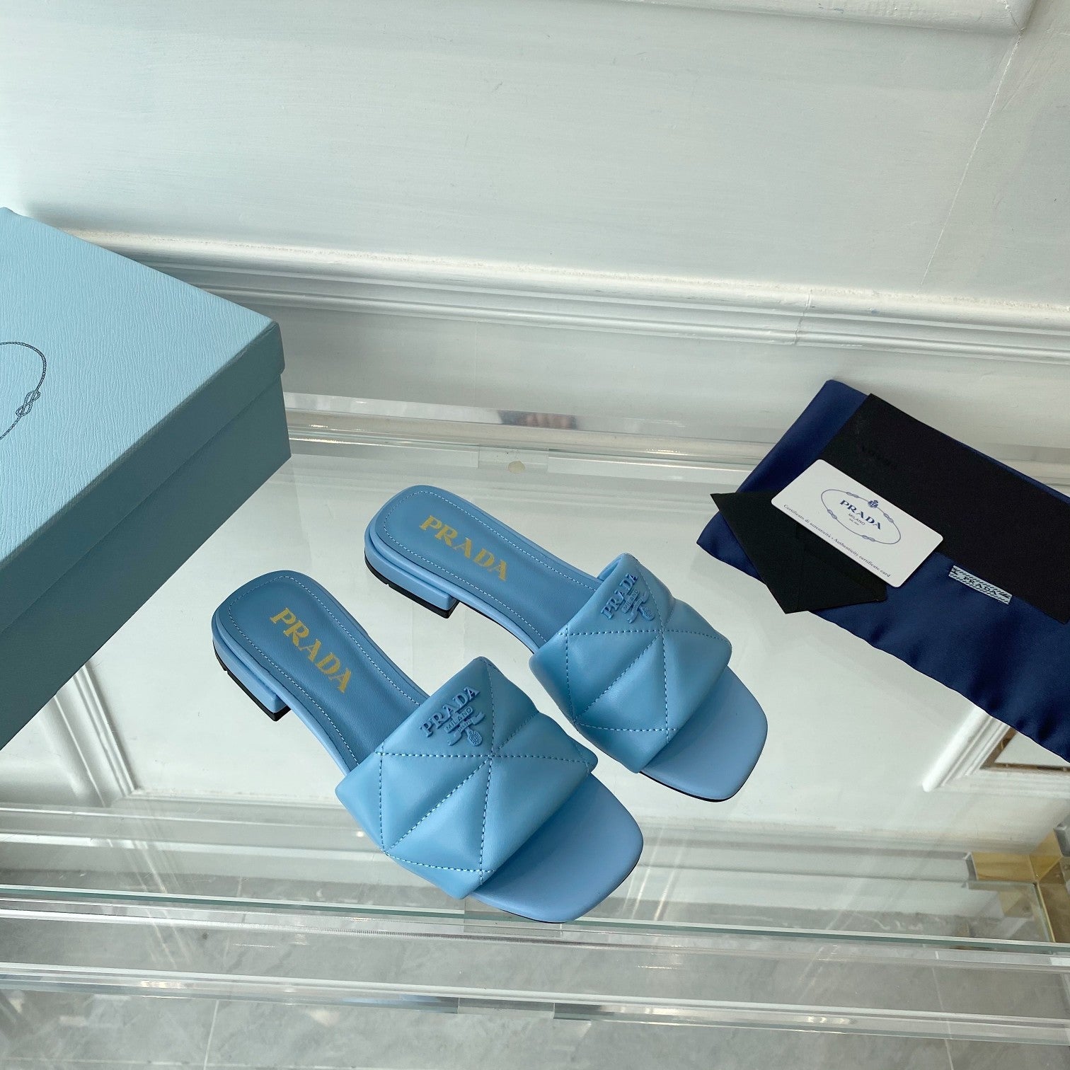PRADA Pra Slide 25 Quilted Sky Blue leather