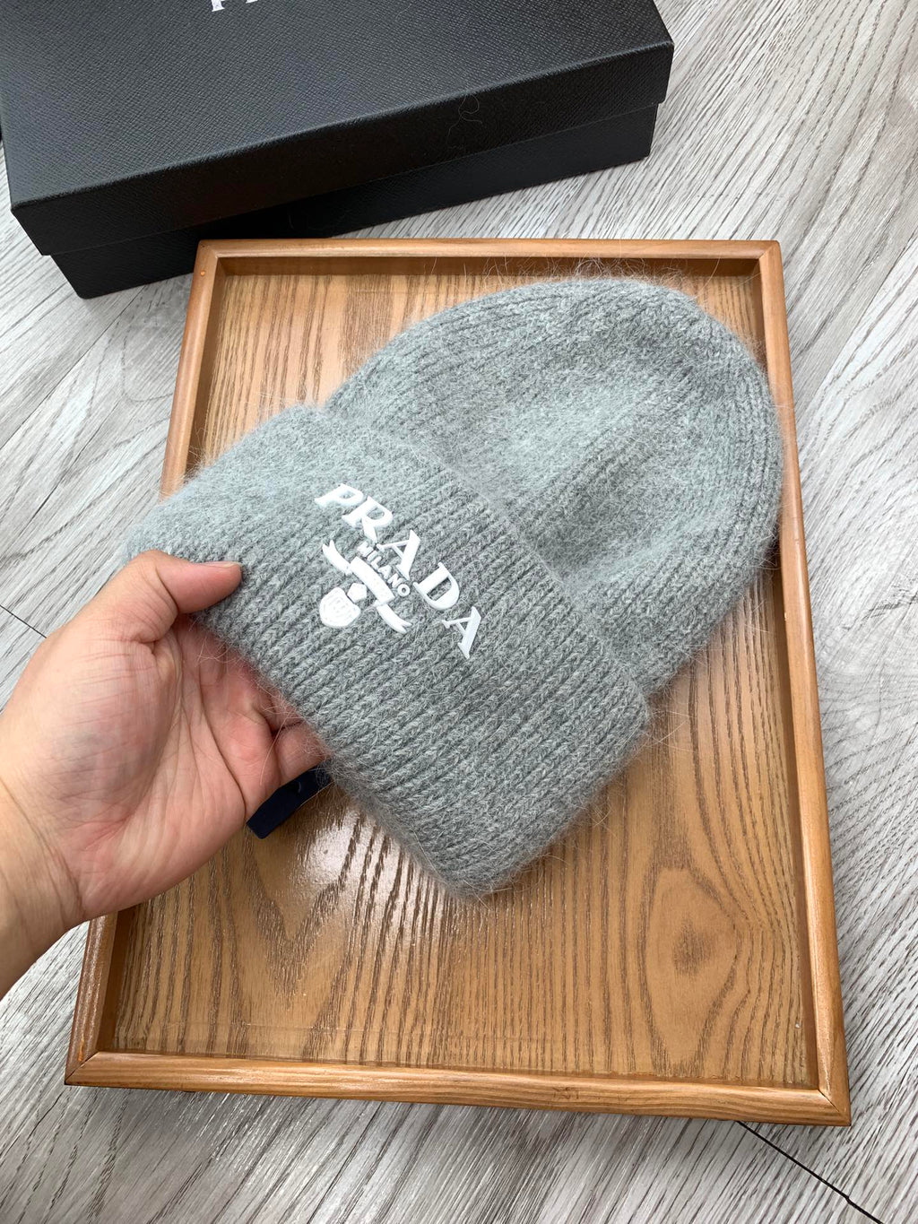 PRADA BEANIE HAT IN DOLPHIN GRAY WOOL 108750
