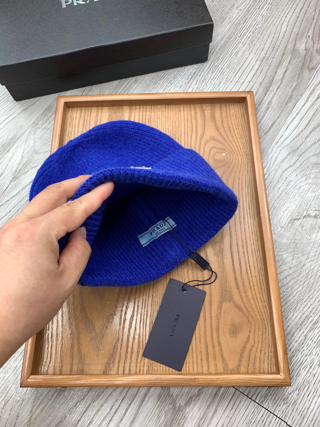 PRADA BEANIIE HAT IN AZURE BLUE WOOL 335033