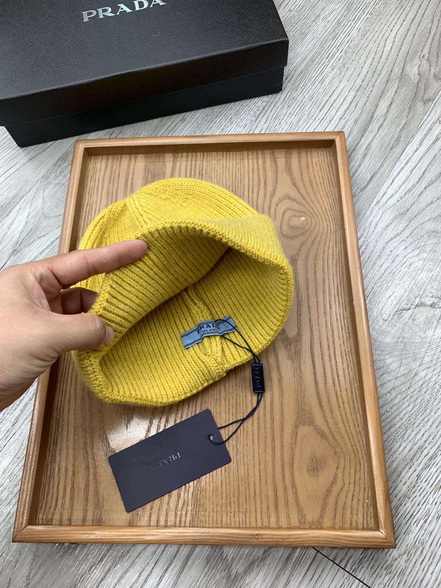 PRADA BEANIIE HAT IN CLASSIC YELLOW WOOL 335035