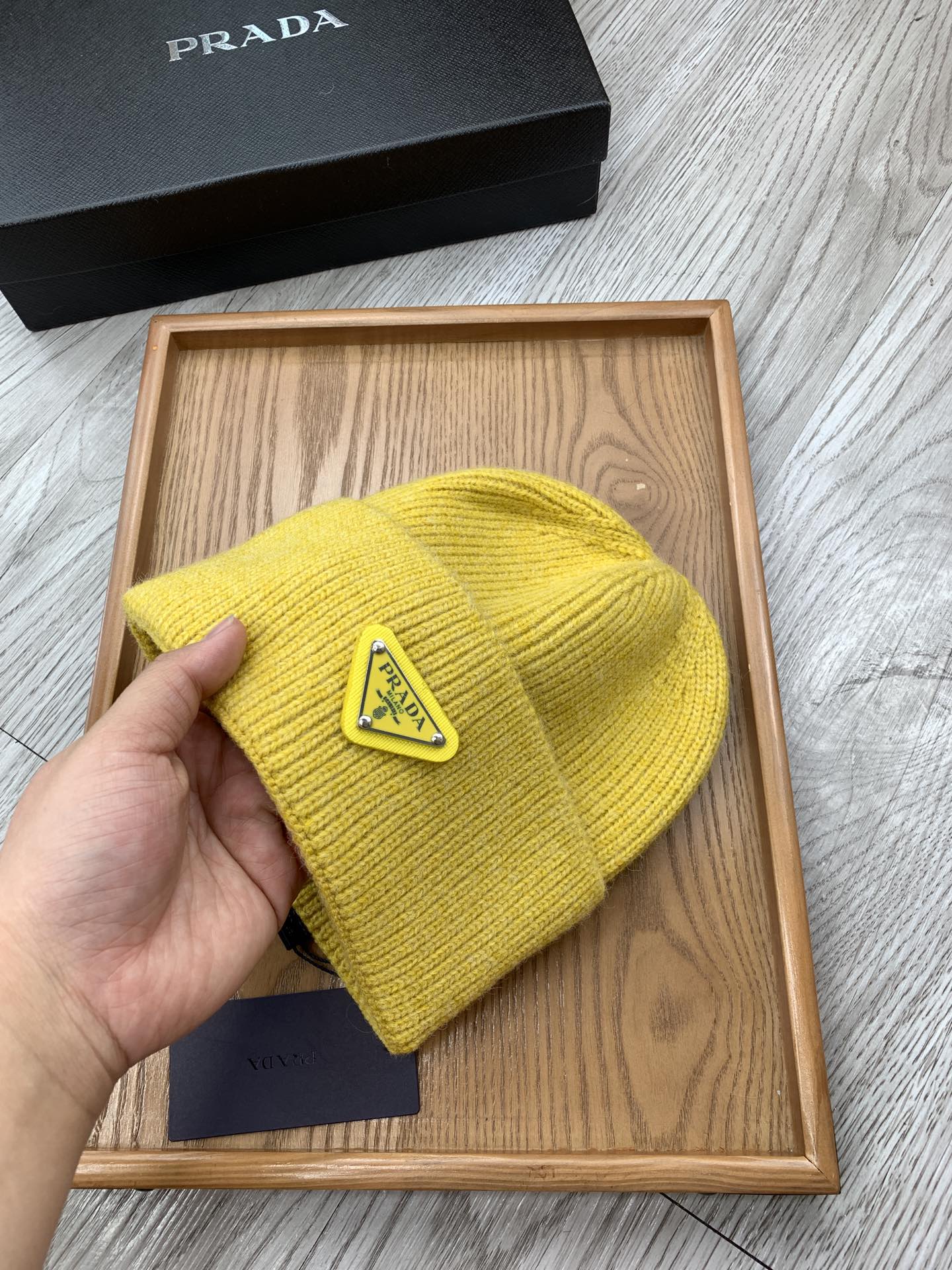 PRADA BEANIIE HAT IN CLASSIC YELLOW WOOL 335035
