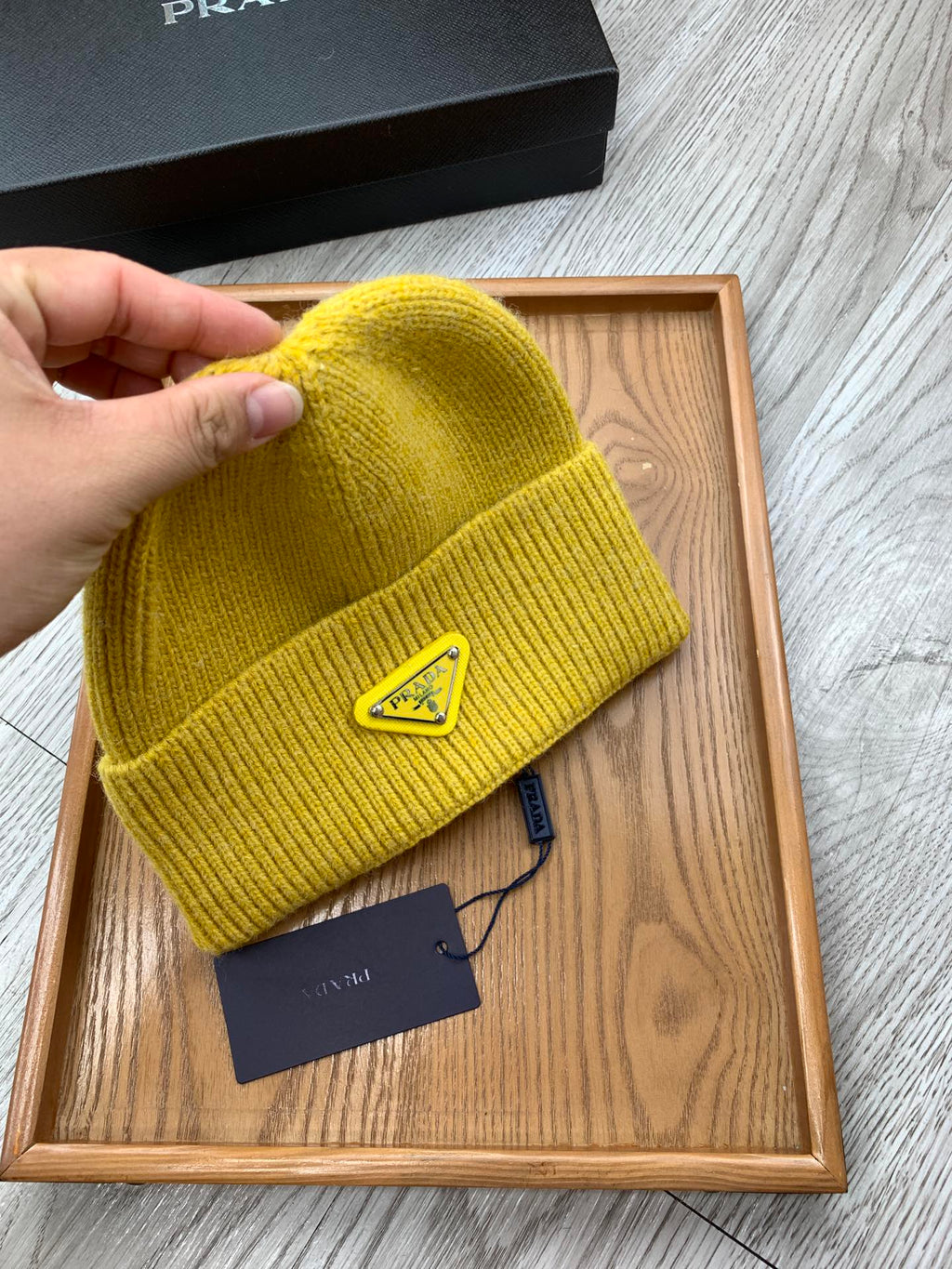 PRADA BEANIIE HAT IN CLASSIC YELLOW WOOL 335035