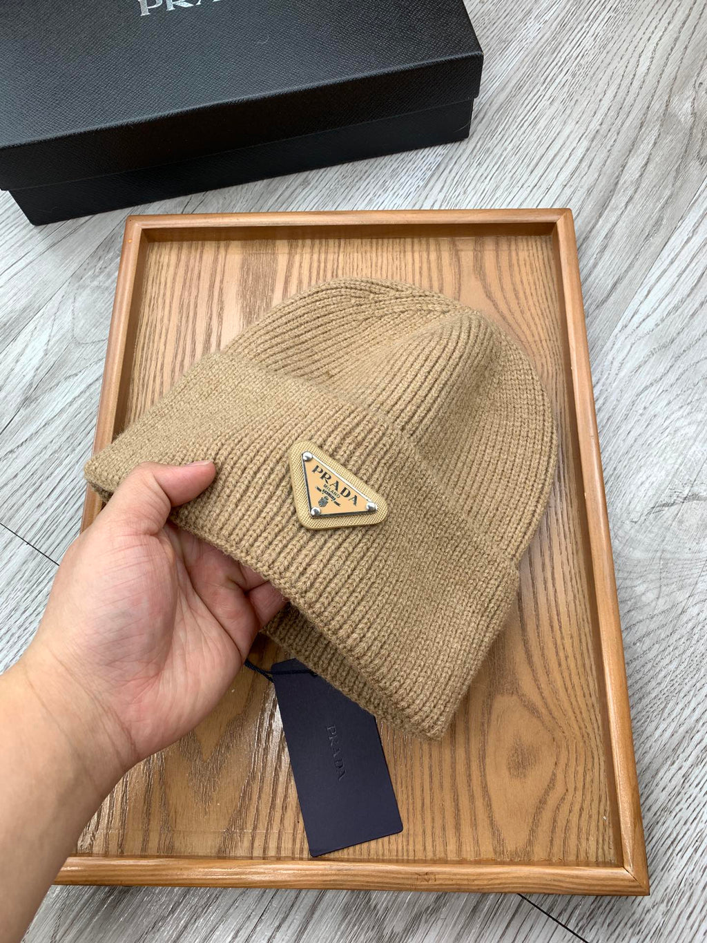 PRADA BEANIIE HAT IN CAMEL BROWN WOOL 335038
