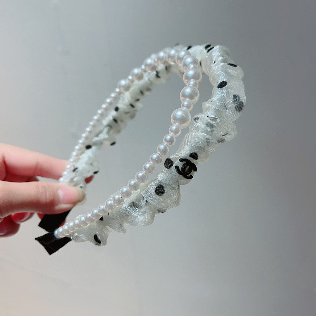 CHANEL WHITE VOILE FABRIC HAIRBAND WITH PEARL CHAIN 867188