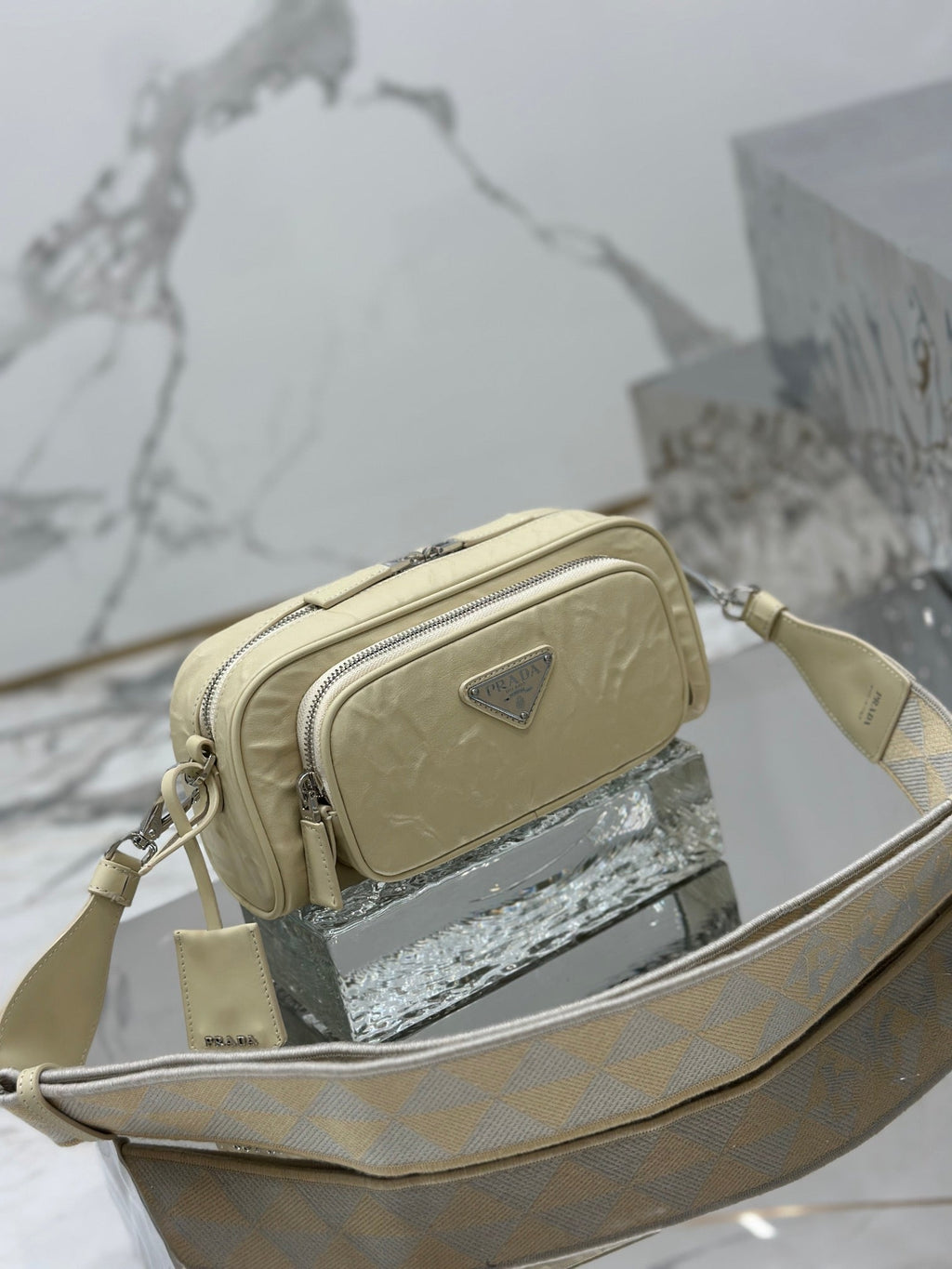 PRADA CAMERA BAG 23 IN CREAM WRINKLED LAMBSKIN