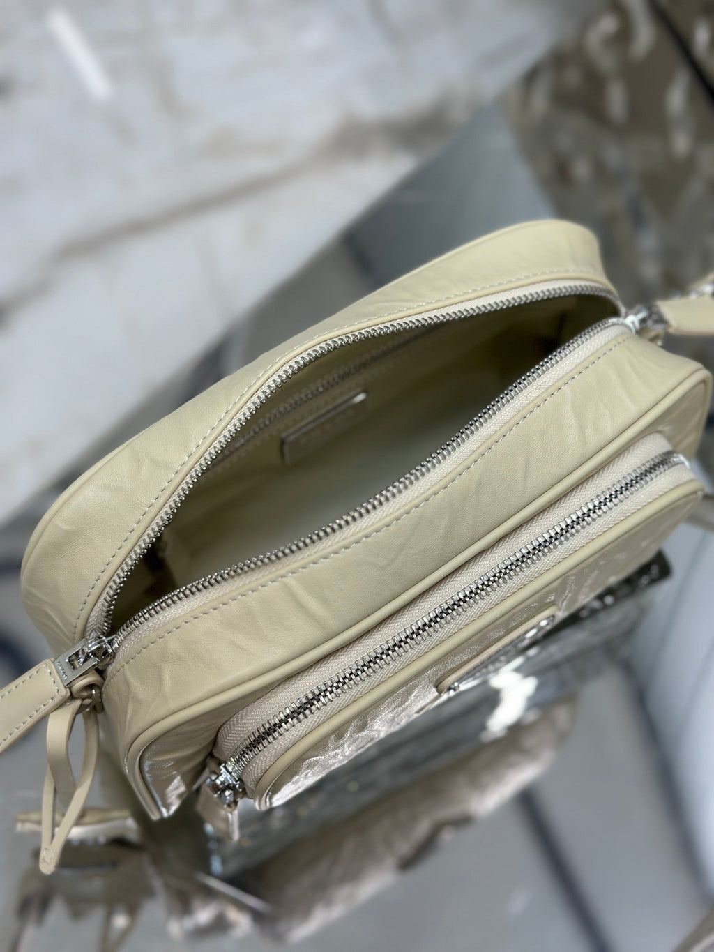 PRADA CAMERA BAG 23 IN CREAM WRINKLED LAMBSKIN