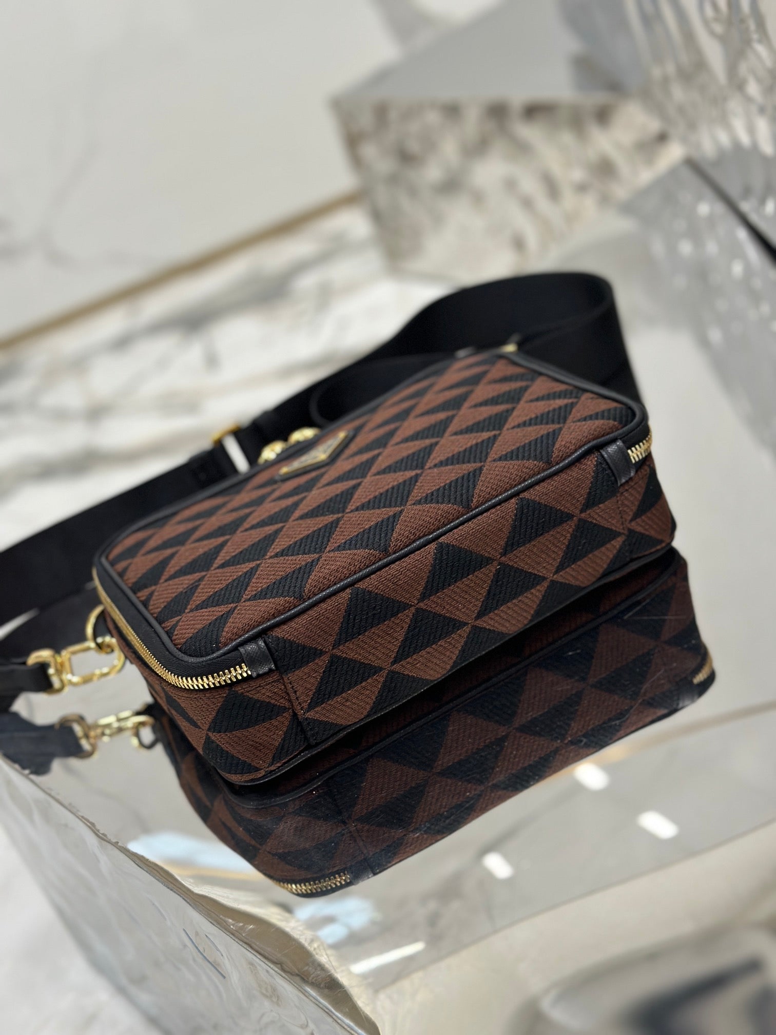 PRADA MESSENGER BAG 22 IN BLACK AND BROWN EMBROIDERED FABRIC GOLD HARDWARE