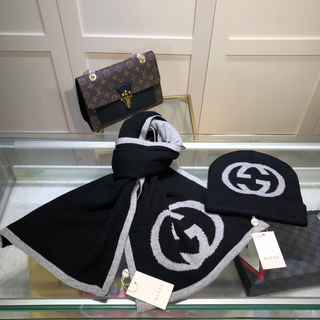 GUCCI SET HAT AND SCARF IN BLACK MIX LIGHT GRAY CASHMERE 946329