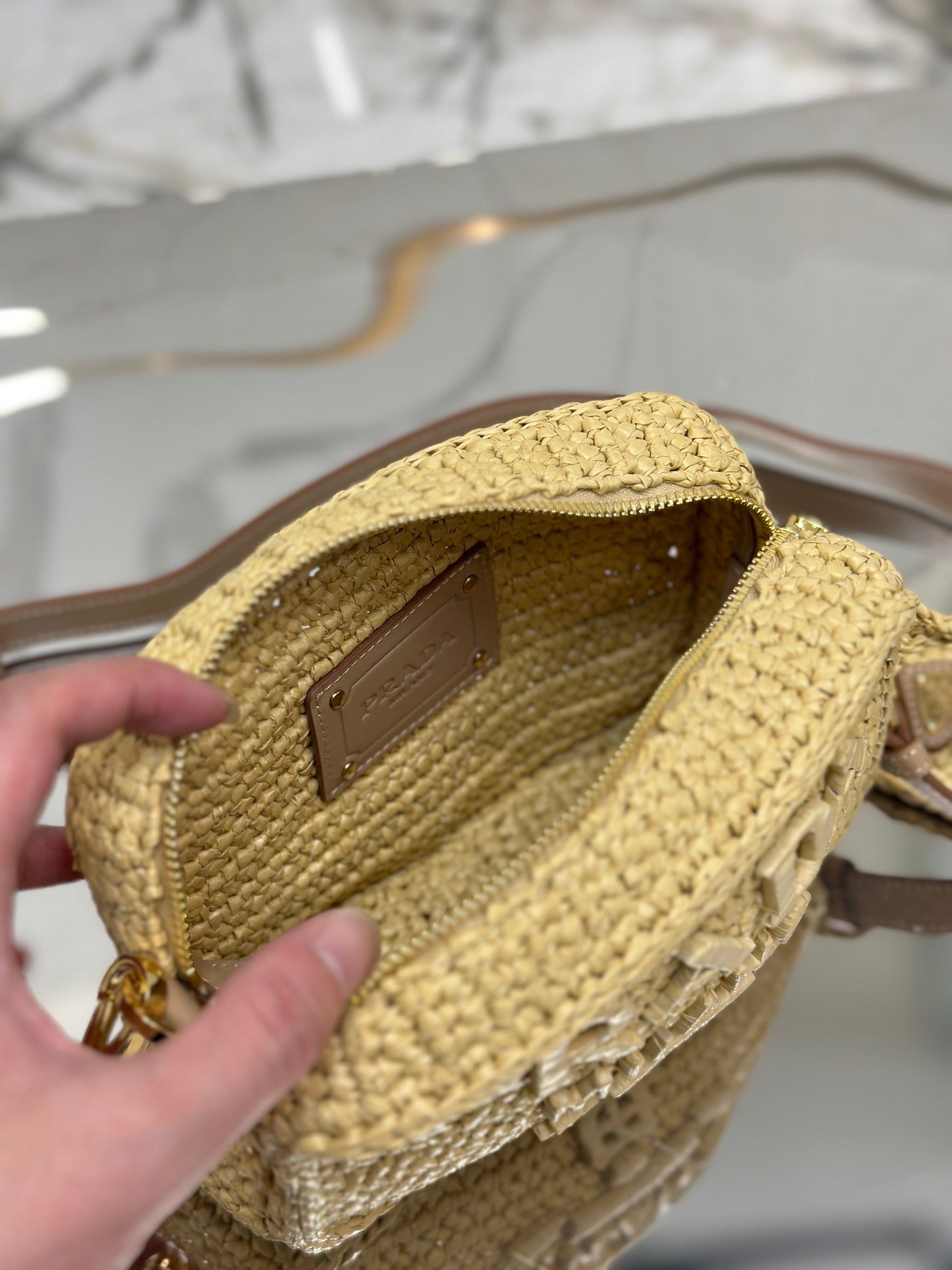 PRADA CAMERA BAG 20 IN BEIGE WOVEN RAFFIA