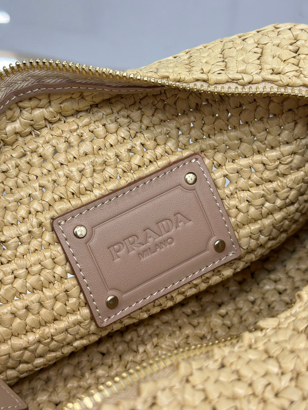 PRADA CAMERA BAG 20 IN BEIGE WOVEN RAFFIA