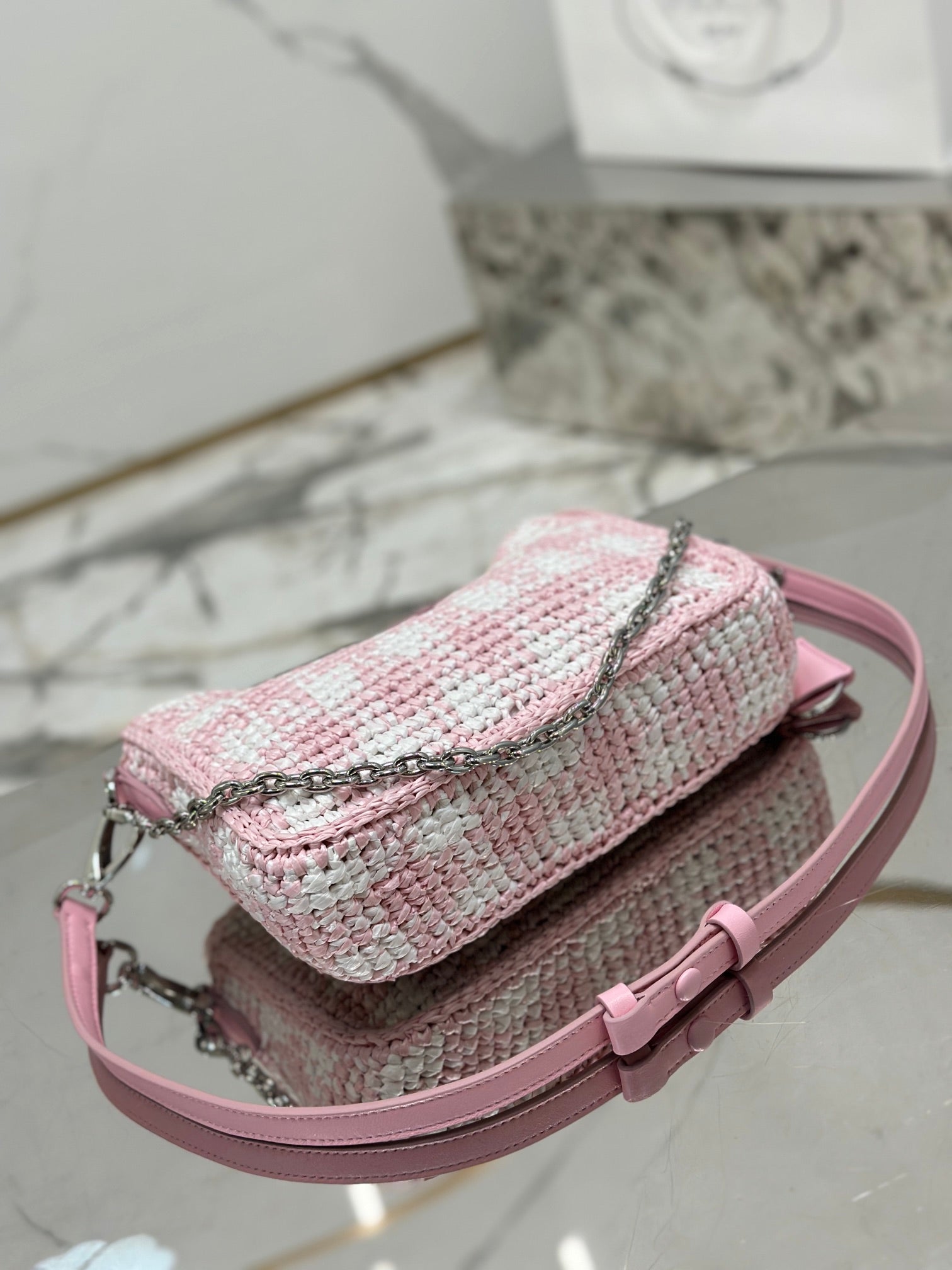 PRADA CROCHET HOBO BAG 22 IN PINK MIX WHITE RAFFIA SILVER HARDWARE