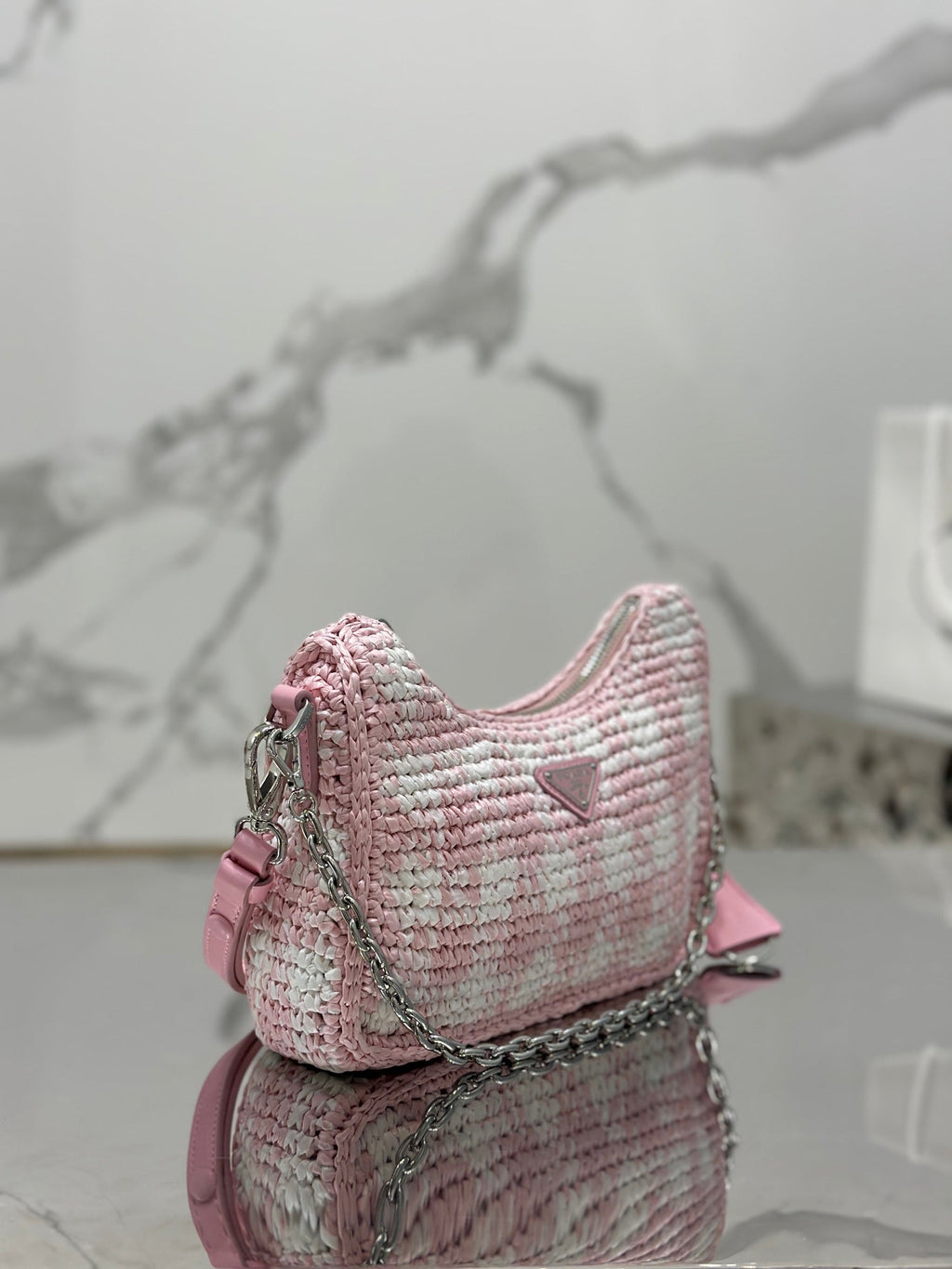 PRADA CROCHET HOBO BAG 22 IN PINK MIX WHITE RAFFIA SILVER HARDWARE
