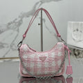PRADA CROCHET HOBO BAG 22 IN PINK MIX WHITE RAFFIA SILVER HARDWARE