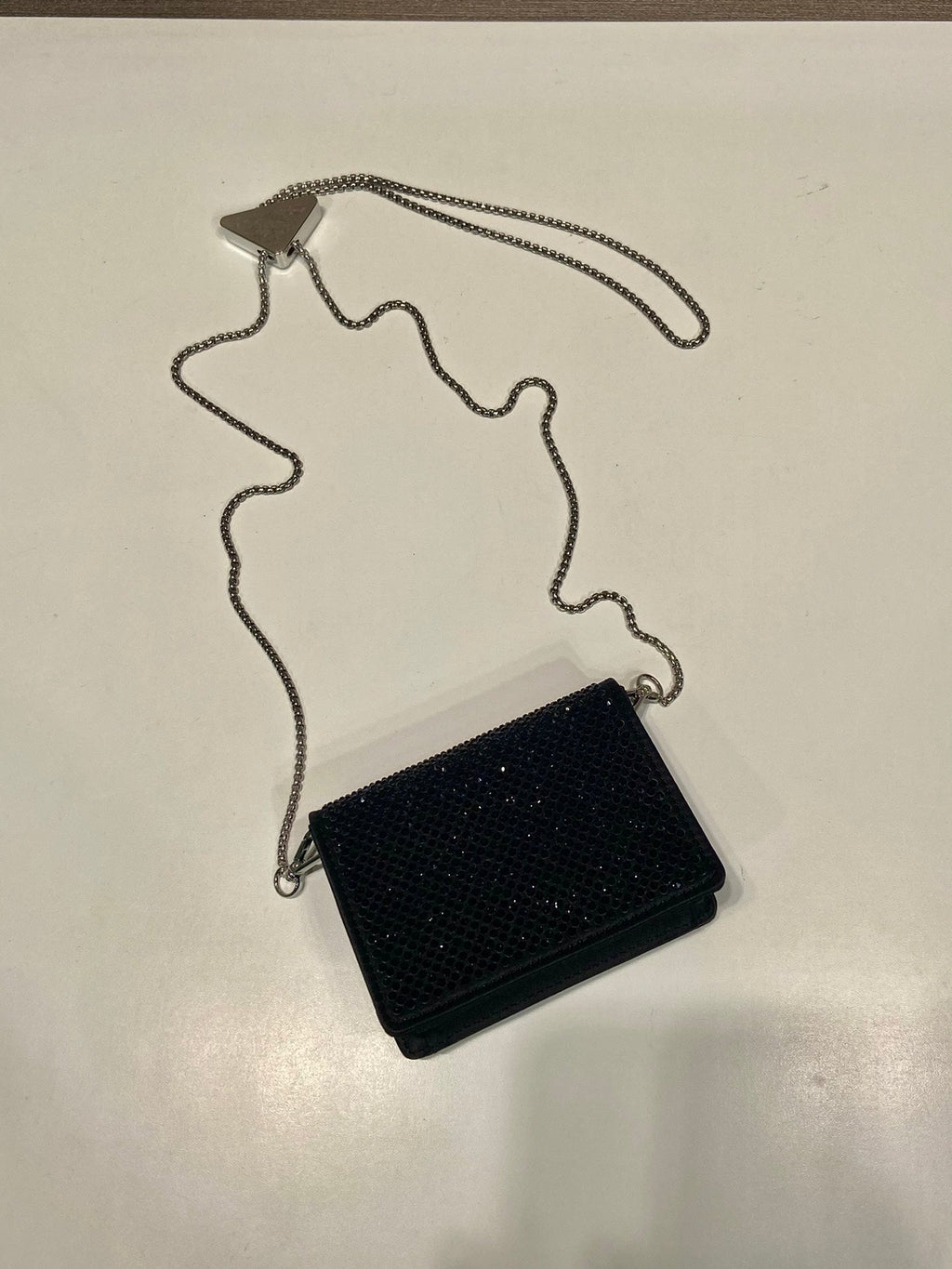 PRADA MINI FLAP BAG 11 IN BLACK DUCHESSE FABRIC ATTACHED FULL CRYSTALS SILVER CHAIN