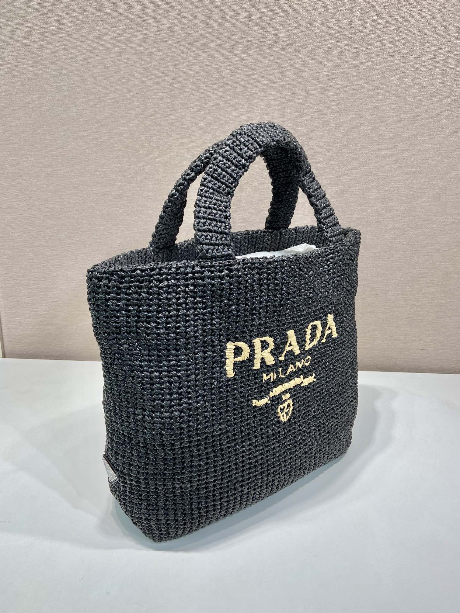 PRADA LARGE CROCHET TOTE BAG 47 IN BLACK MIX YELLOW RAFFIA