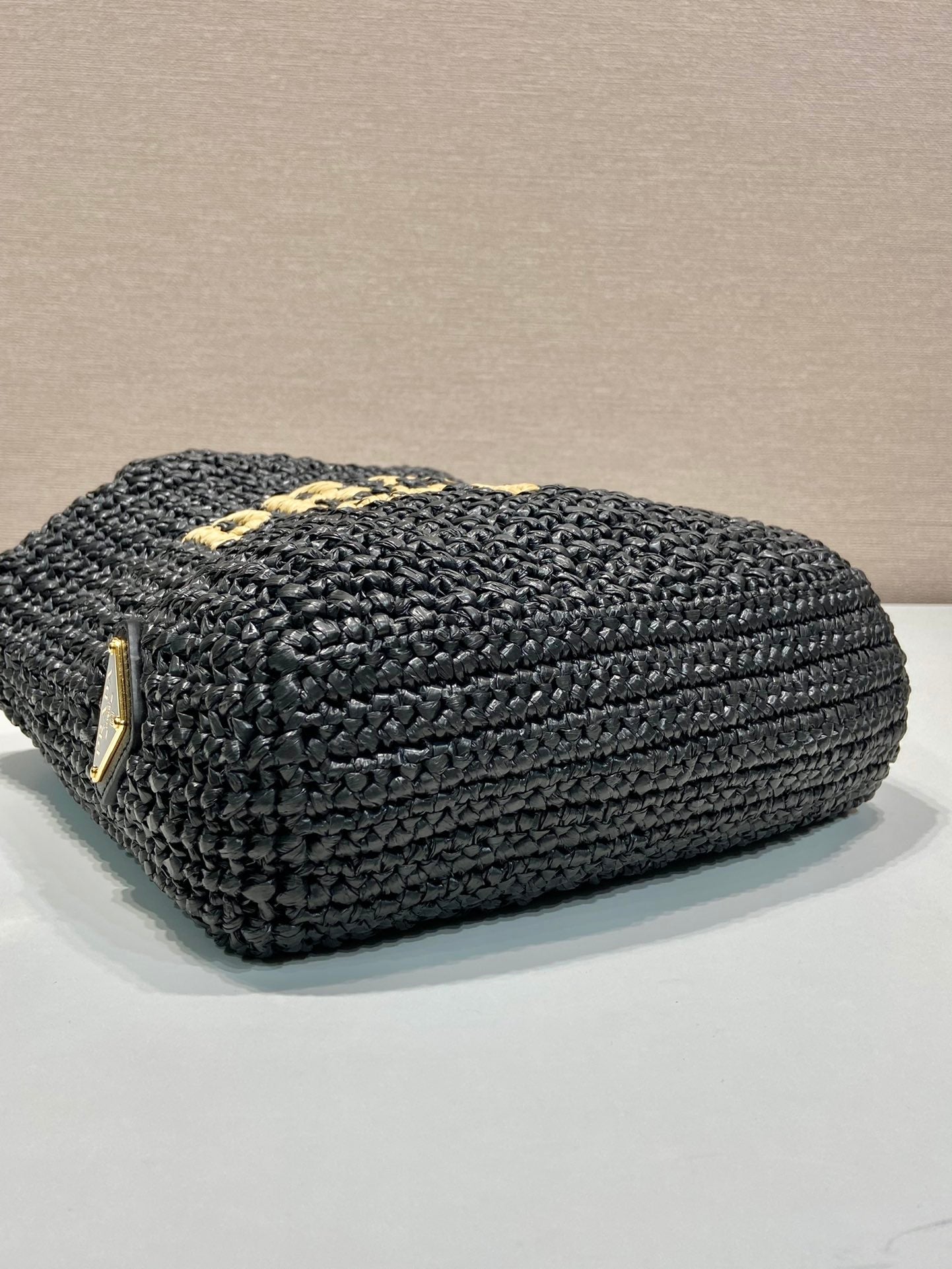 PRADA SMALL CROCHET TOTE BAG 24 IN BLACK MIX YELLOW RAFFIA