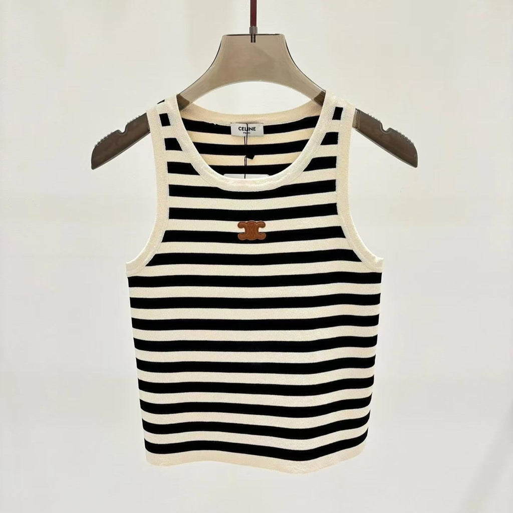 CELINE Celin Black Beige Stripe Tank Top
