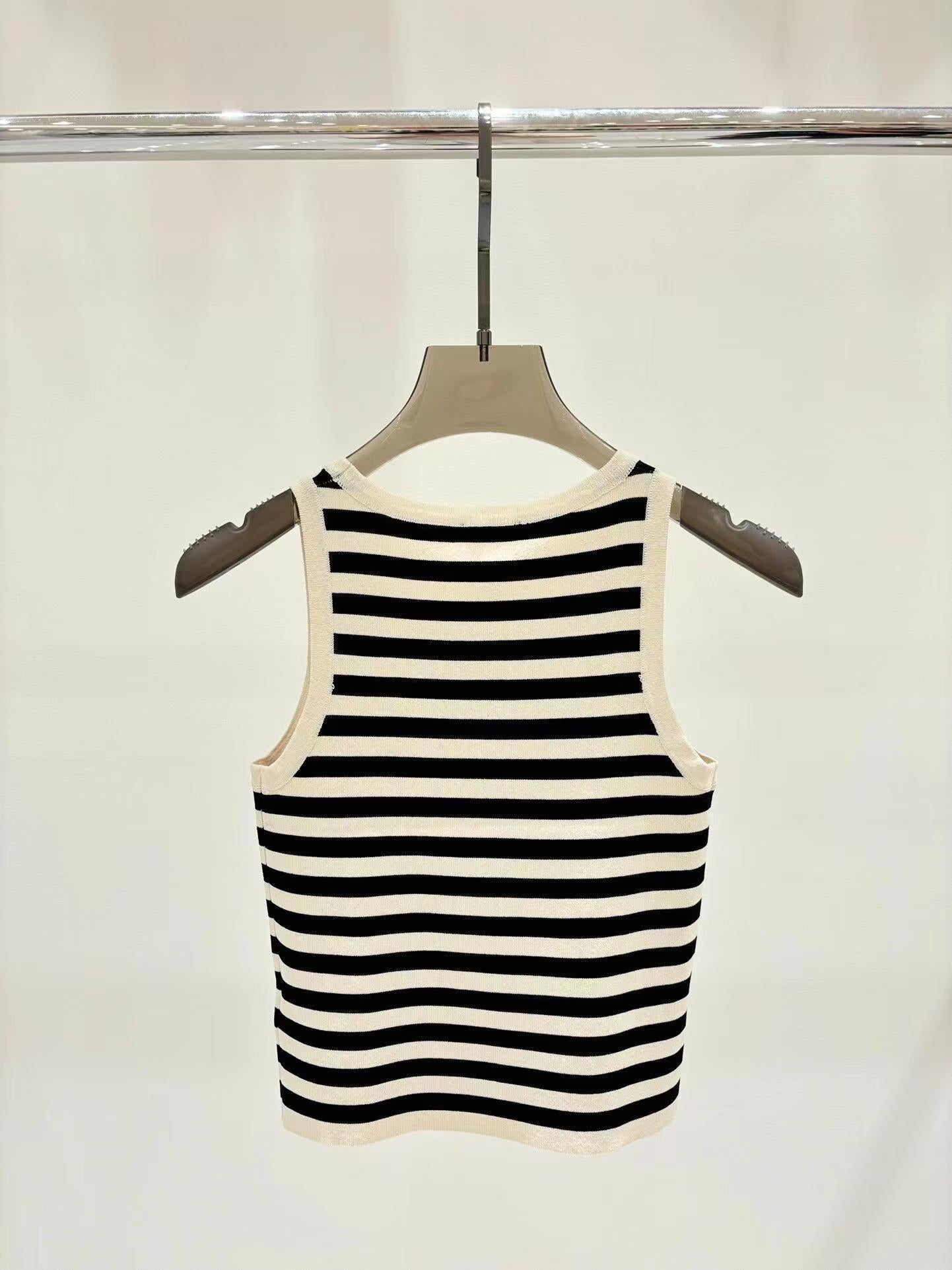 CELINE Celin Black Beige Stripe Tank Top