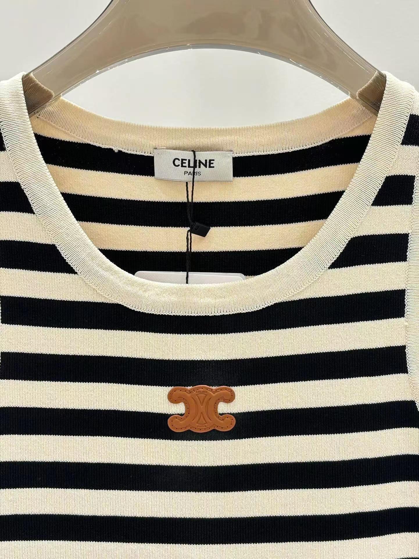 CELINE Celin Black Beige Stripe Tank Top