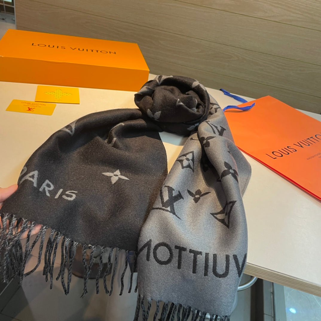 LOUIS VUITTON ALL ABOUT MONOGRAM SCARF 185 CM IN BLACK WOOL 394497