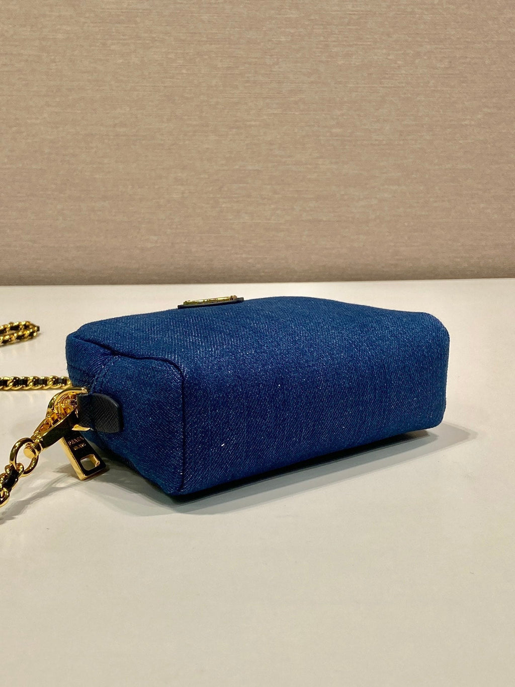 PRADA MINI BAG 14 IN AZURE BLUE DENIM GOLD HARDWARE