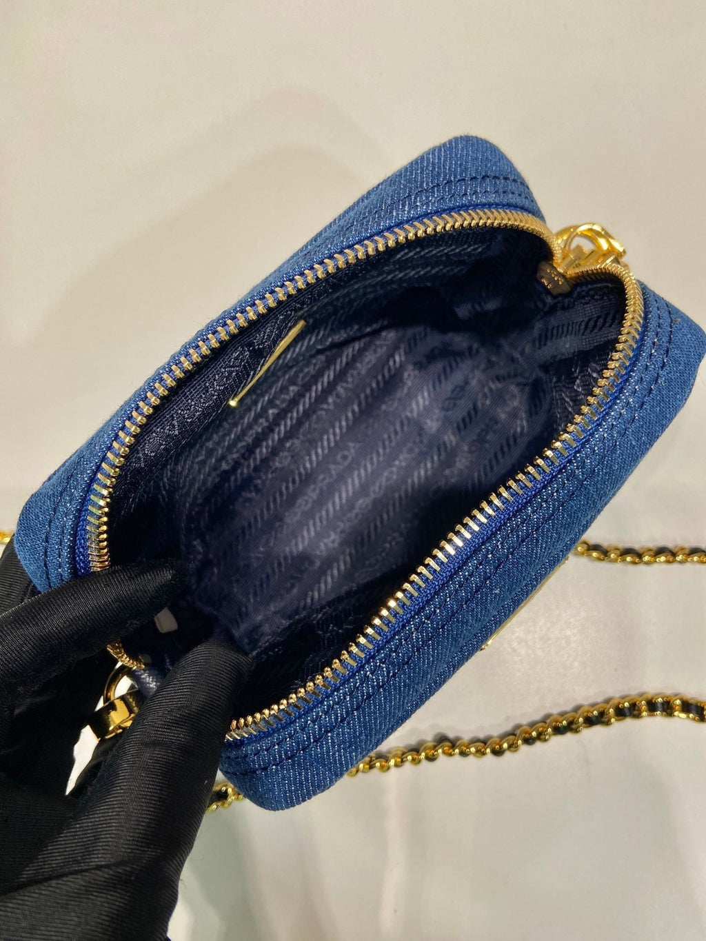 PRADA MINI BAG 14 IN AZURE BLUE DENIM GOLD HARDWARE