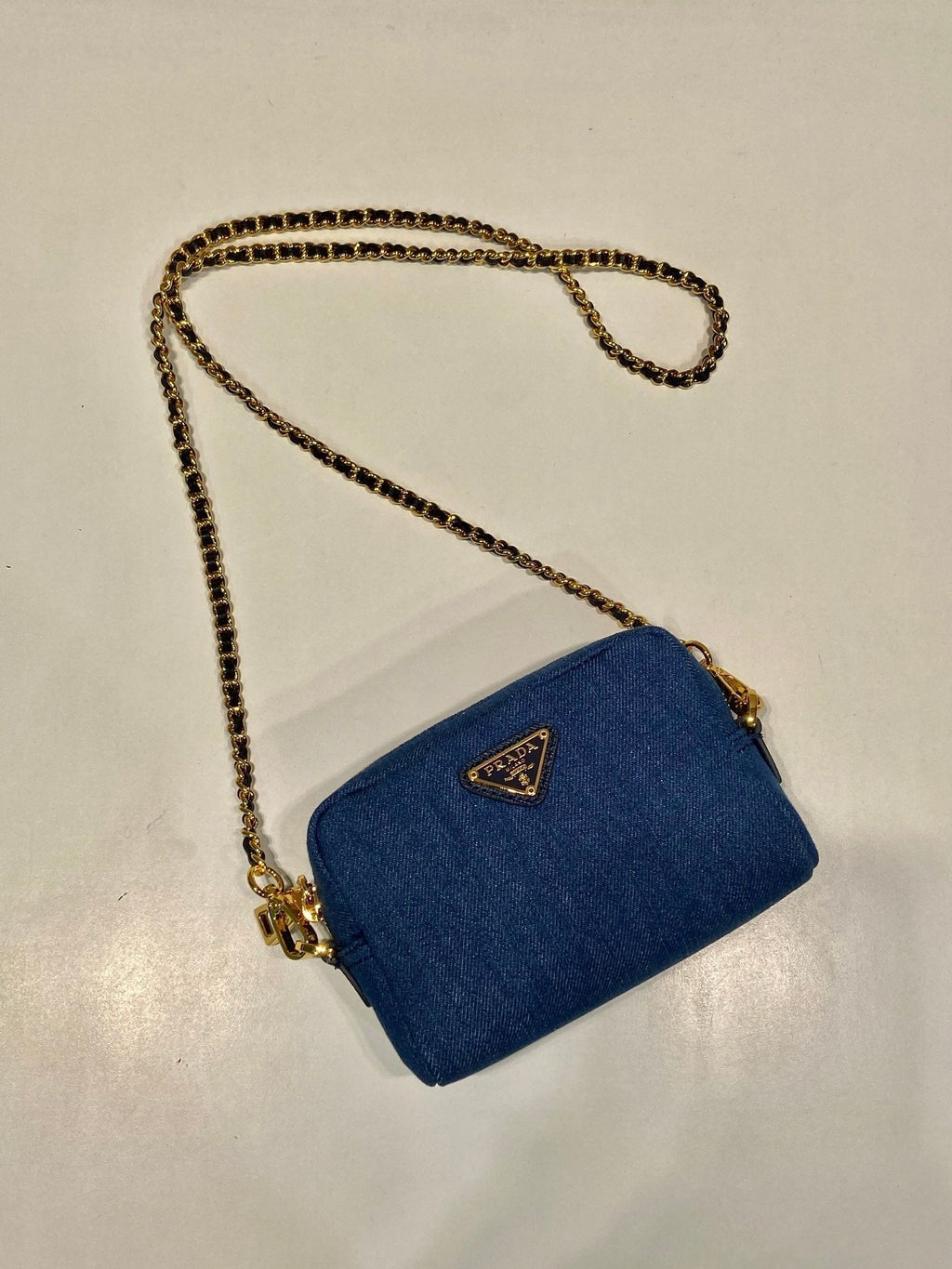 PRADA MINI BAG 14 IN AZURE BLUE DENIM GOLD HARDWARE