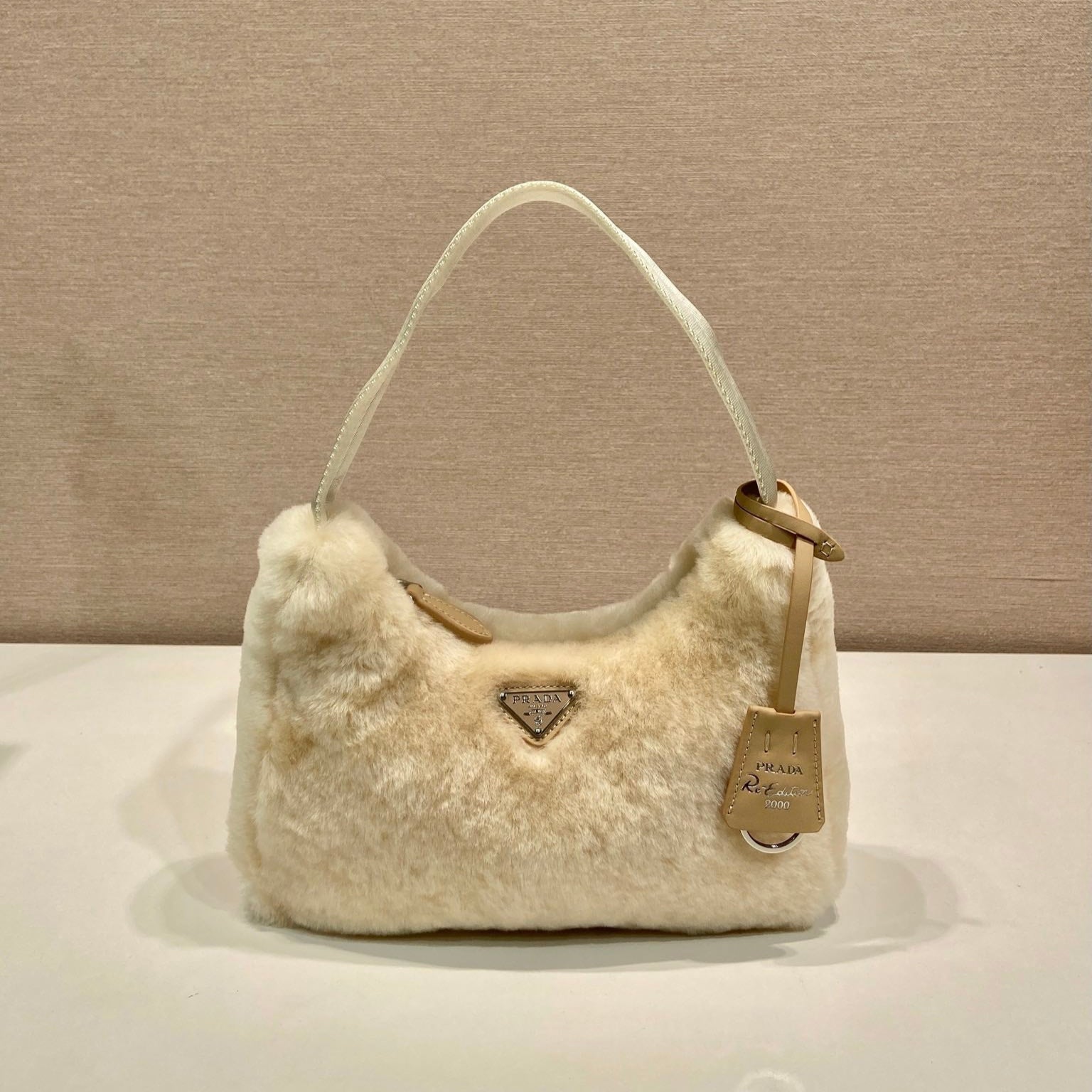 PRADA HOBO BAG 23 IN BEIGE RABBIT FUR