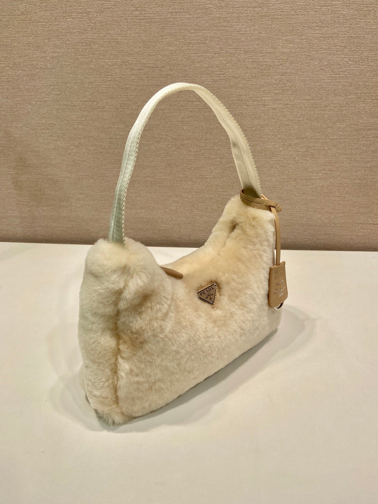 PRADA HOBO BAG 23 IN BEIGE RABBIT FUR