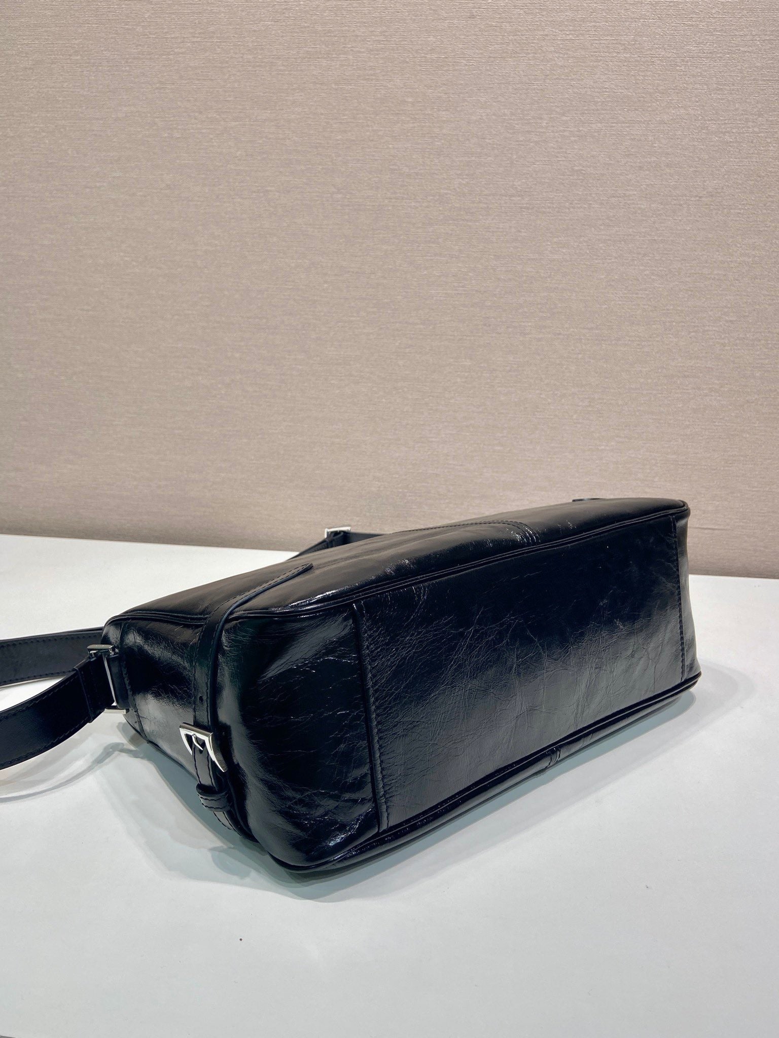 PRADA HOBO BAG 35 IN BLACK OIL WAX LAMBSKIN SILVER LOGO