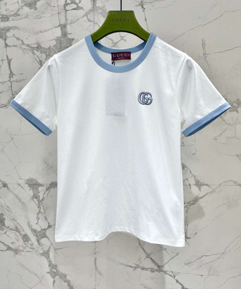 GUCCI Gucci Embroidered Short Sleeves T-shirt White Blue Cotton