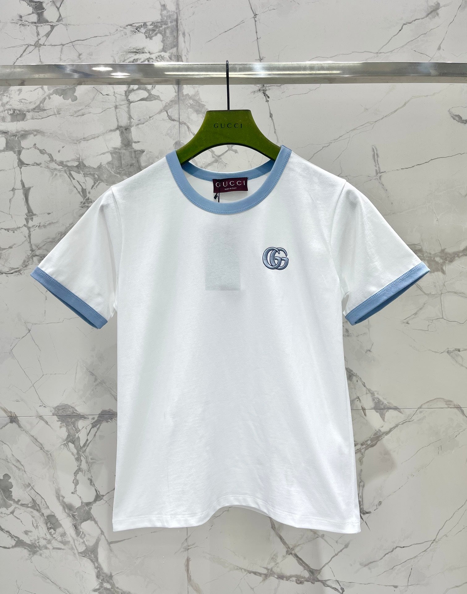 GUCCI Gucci Embroidered Short Sleeves T-shirt White Blue Cotton