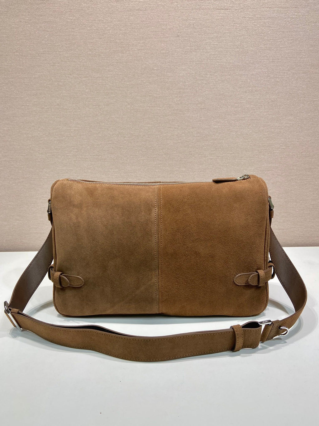 PRADA HOBO BAG 35 IN GINGERBREAD SUEDE SILVER LOGO