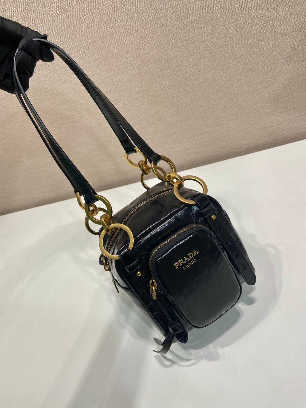 PRADA SMALL RECTANGULAR BAG 14 IN BLACK OIL WAX LAMBSKIN GOLD HARDWARE
