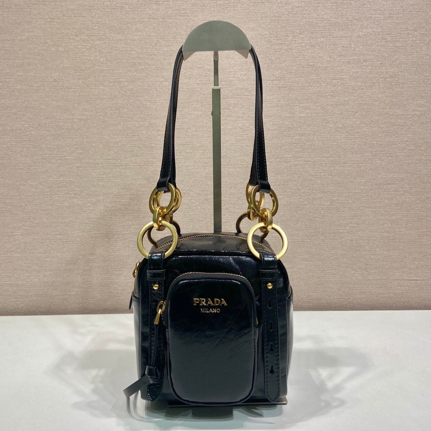 PRADA SMALL RECTANGULAR BAG 14 IN BLACK OIL WAX LAMBSKIN GOLD HARDWARE