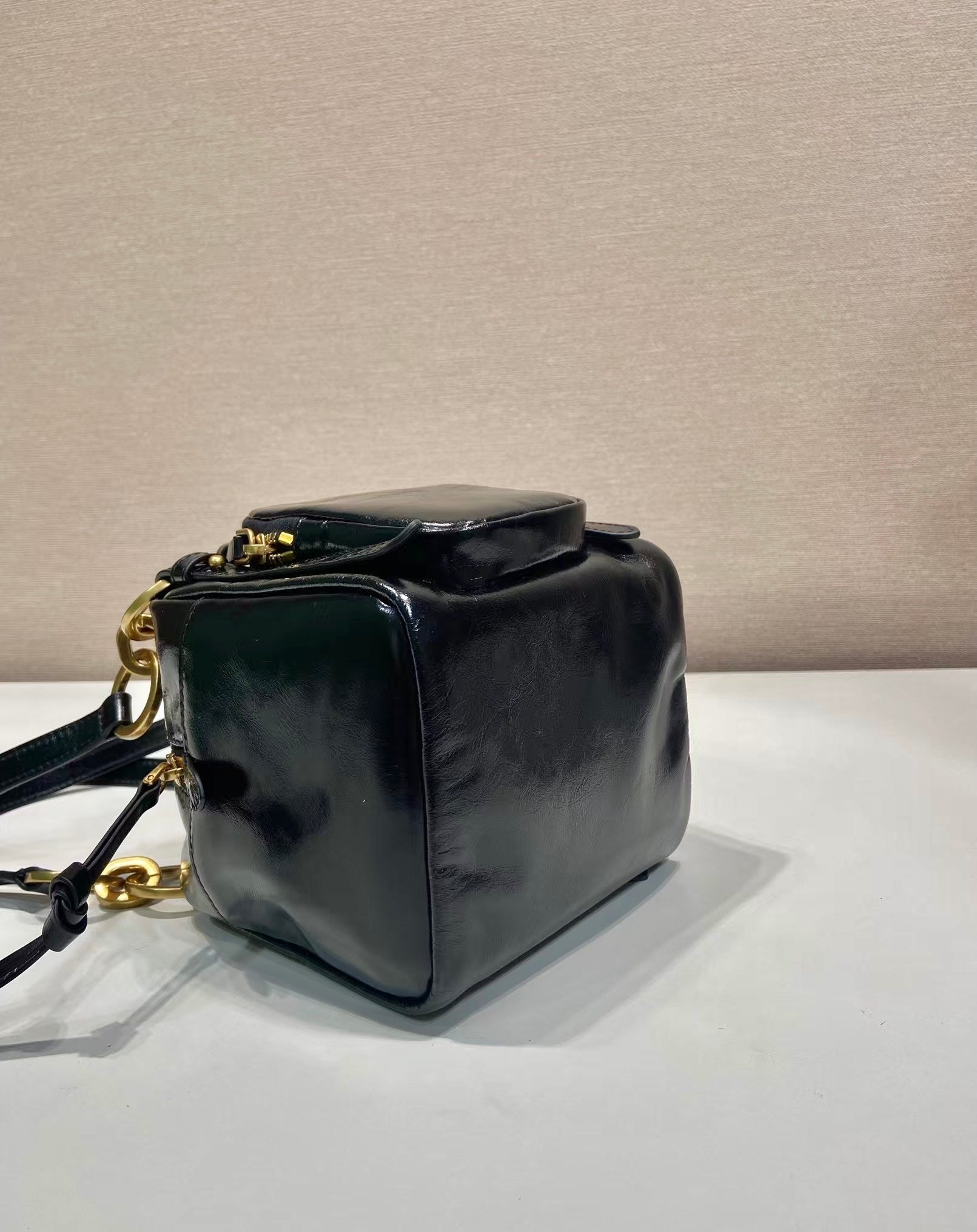 PRADA SMALL RECTANGULAR BAG 14 IN BLACK OIL WAX LAMBSKIN GOLD HARDWARE