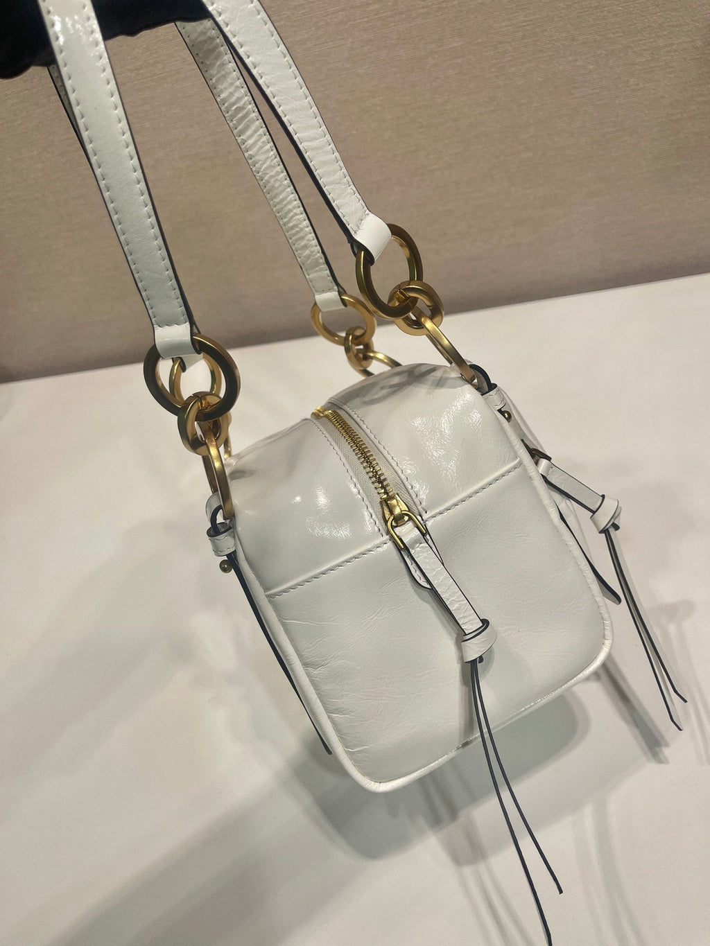 PRADA SMALL RECTANGULAR BAG 14 IN WHITE OIL WAX LAMBSKIN GOLD HARDWARE