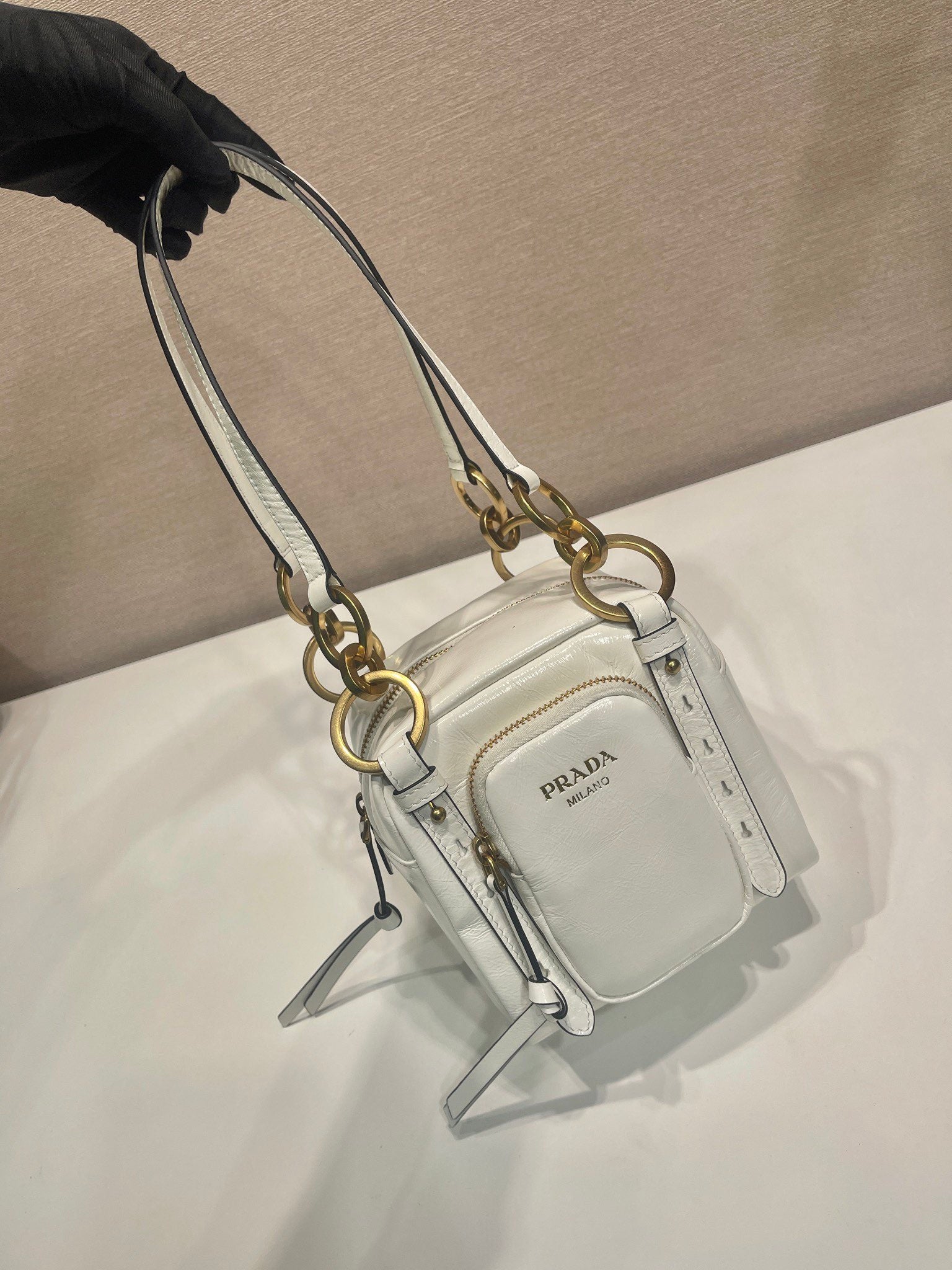 PRADA SMALL RECTANGULAR BAG 14 IN WHITE OIL WAX LAMBSKIN GOLD HARDWARE