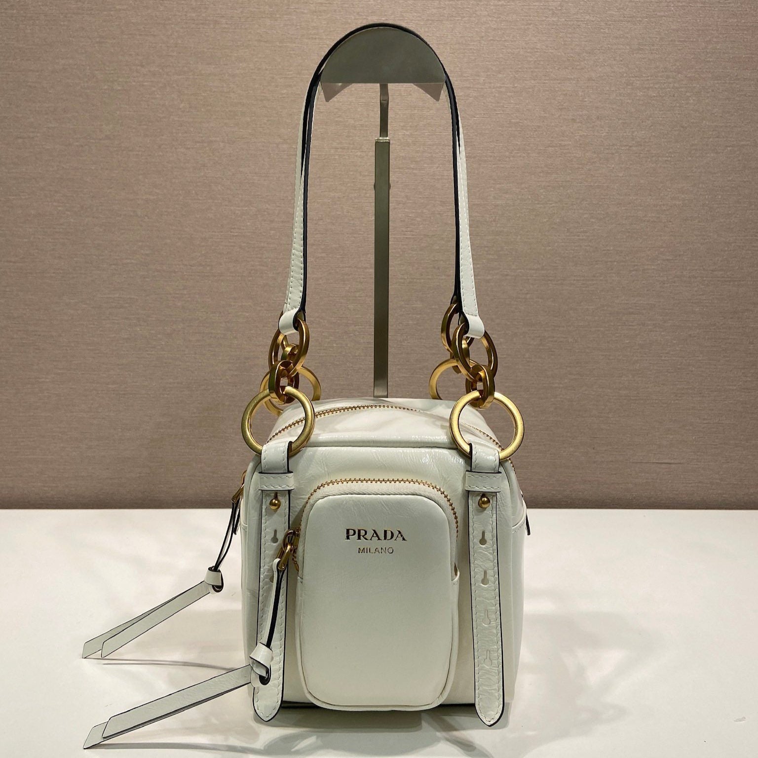 PRADA SMALL RECTANGULAR BAG 14 IN WHITE OIL WAX LAMBSKIN GOLD HARDWARE