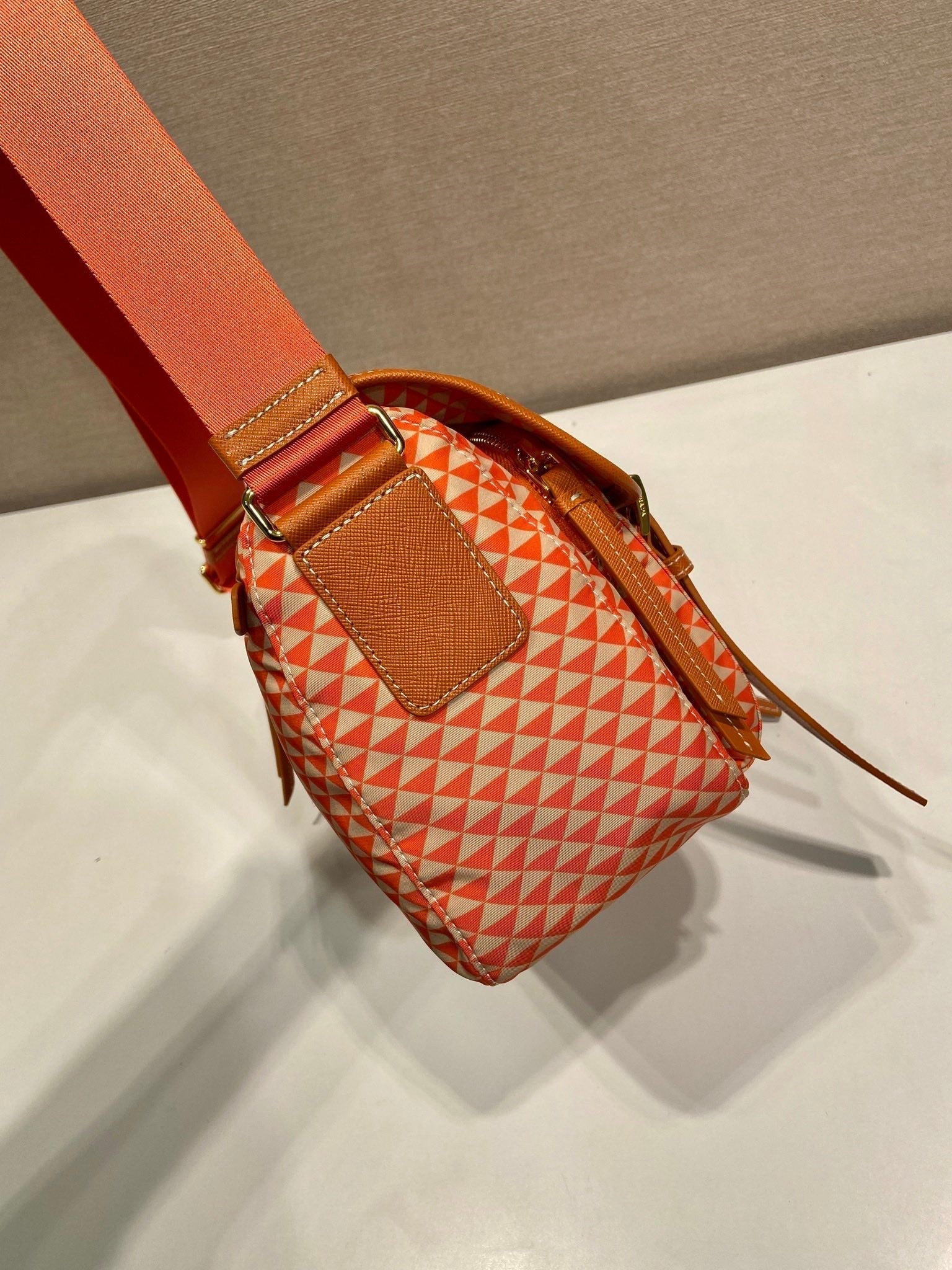 PRADA MESSENGER BAG 25 IN ORANGE MIX CREAM TRIANGLE PATTERN EMBROIDERED FABRIC
