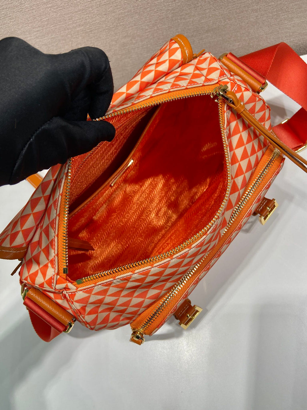 PRADA MESSENGER BAG 25 IN ORANGE MIX CREAM TRIANGLE PATTERN EMBROIDERED FABRIC
