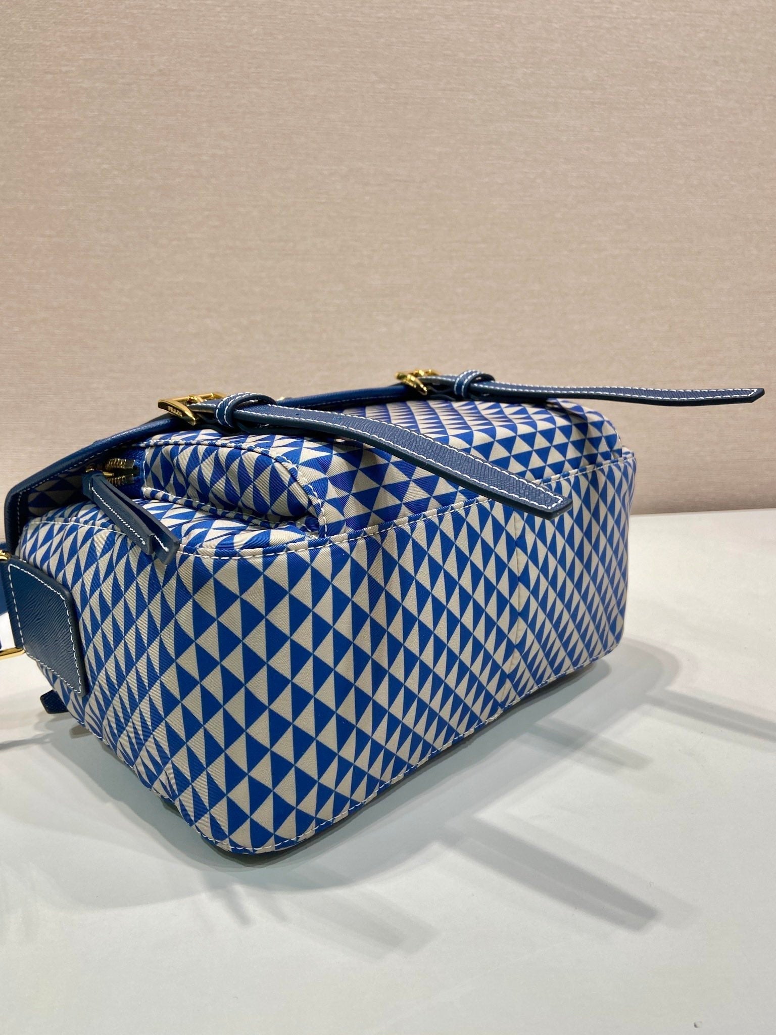 PRADA MESSENGER BAG 25 IN BLUE MIX WHITE TRIANGLE PATTERN EMBROIDERED FABRIC
