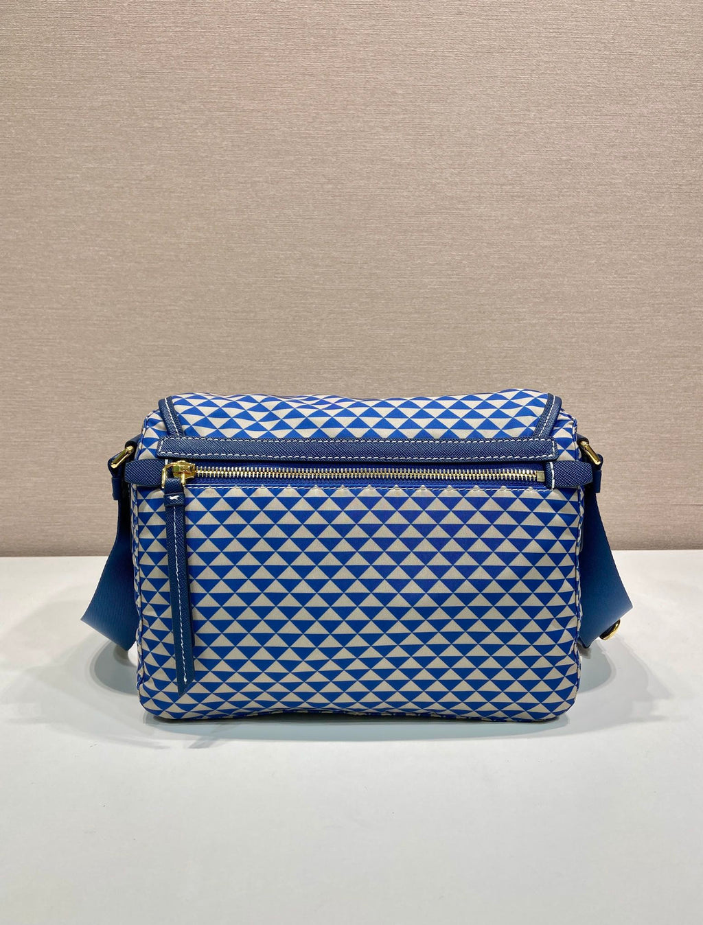 PRADA MESSENGER BAG 25 IN BLUE MIX WHITE TRIANGLE PATTERN EMBROIDERED FABRIC