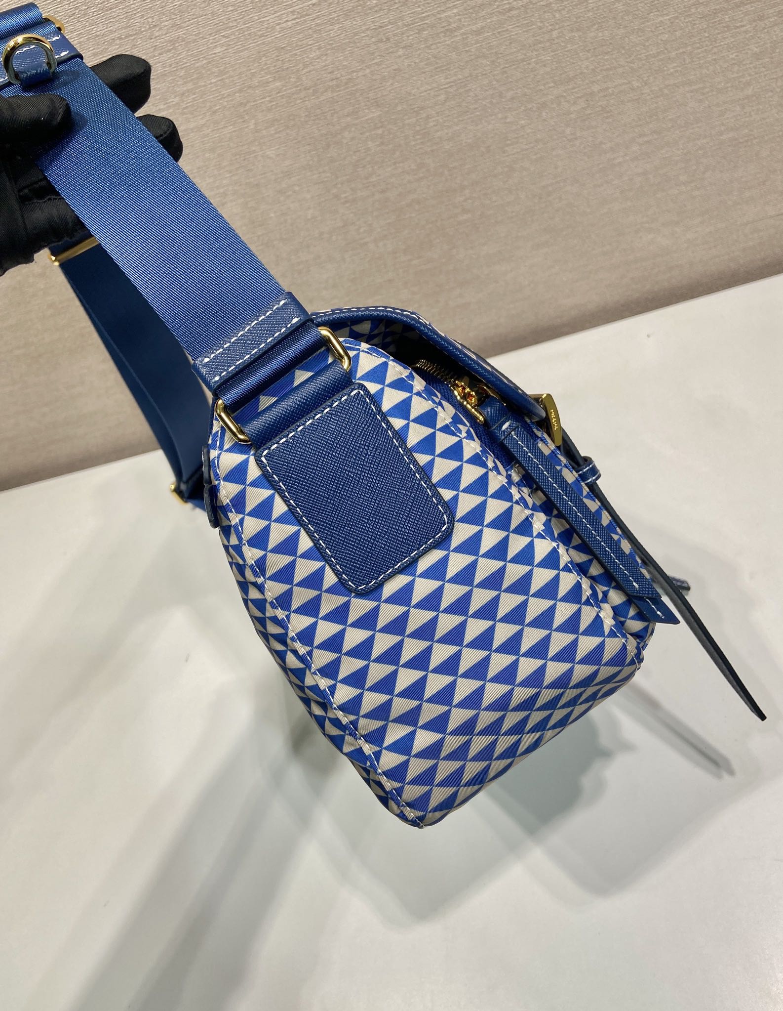 PRADA MESSENGER BAG 25 IN BLUE MIX WHITE TRIANGLE PATTERN EMBROIDERED FABRIC