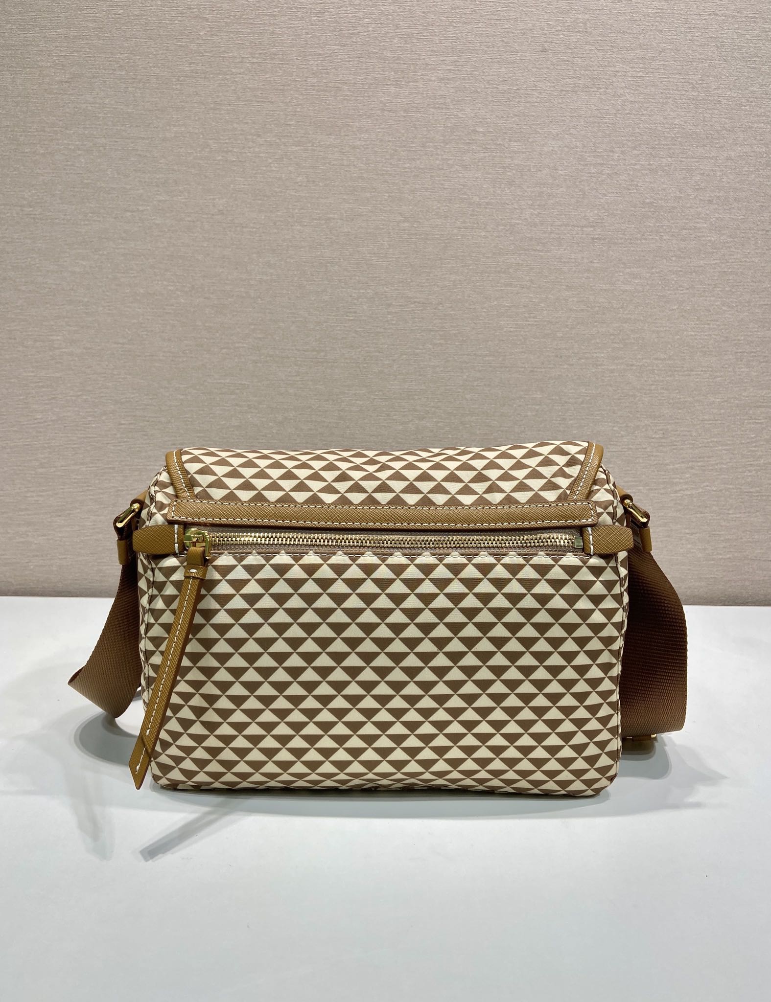PRADA MESSENGER BAG 25 IN BROWN MIX CREAM TRIANGLE PATTERN EMBROIDERED FABRIC