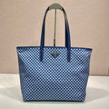 PRADA TOTE BAG 33 IN BLUE MIX WHITE TRIANGLE PATTERN EMBROIDERED FABRIC
