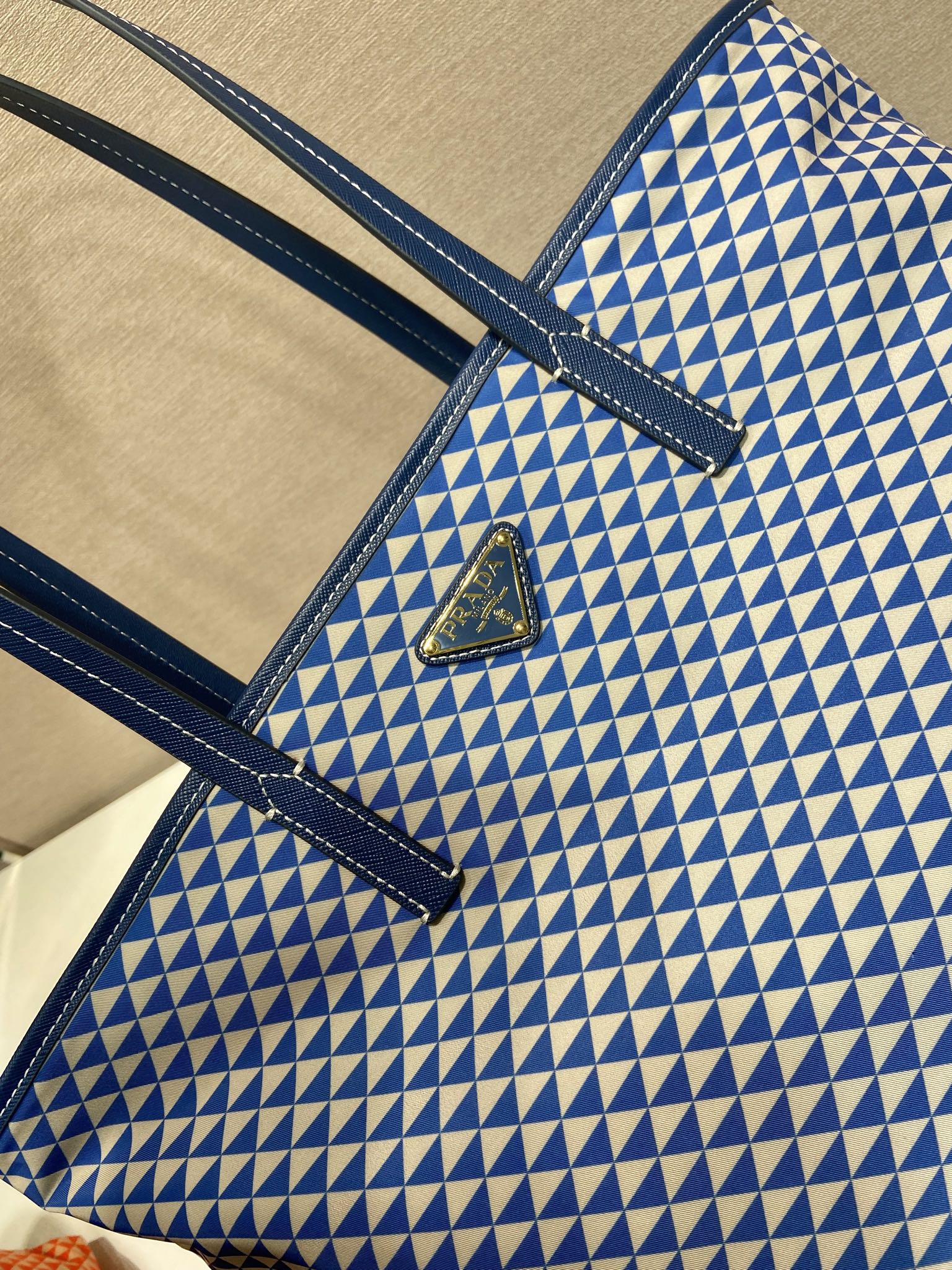 PRADA TOTE BAG 33 IN BLUE MIX WHITE TRIANGLE PATTERN EMBROIDERED FABRIC